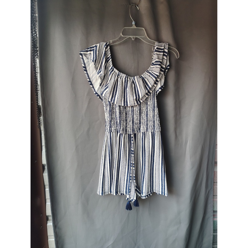 Derek Heart Blue White Striped Smocked Off Shoulder Romper Tassel Detail Medium